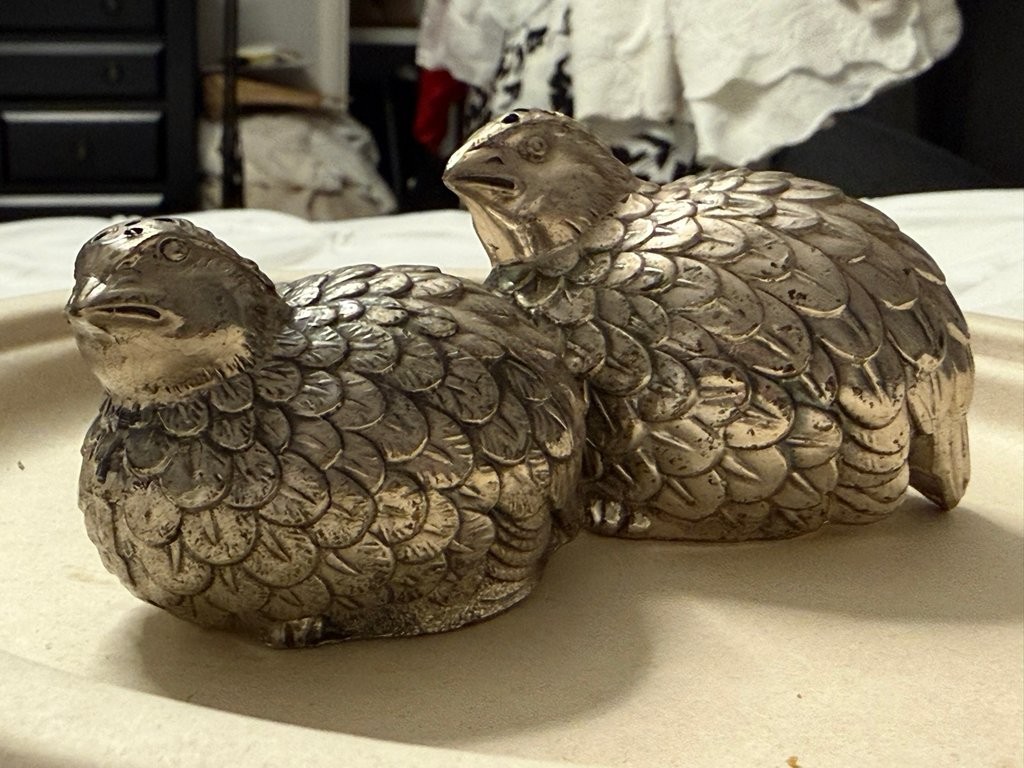Vintage Pair of Textured Quail Bird Figurines, Silver-Tone Metal