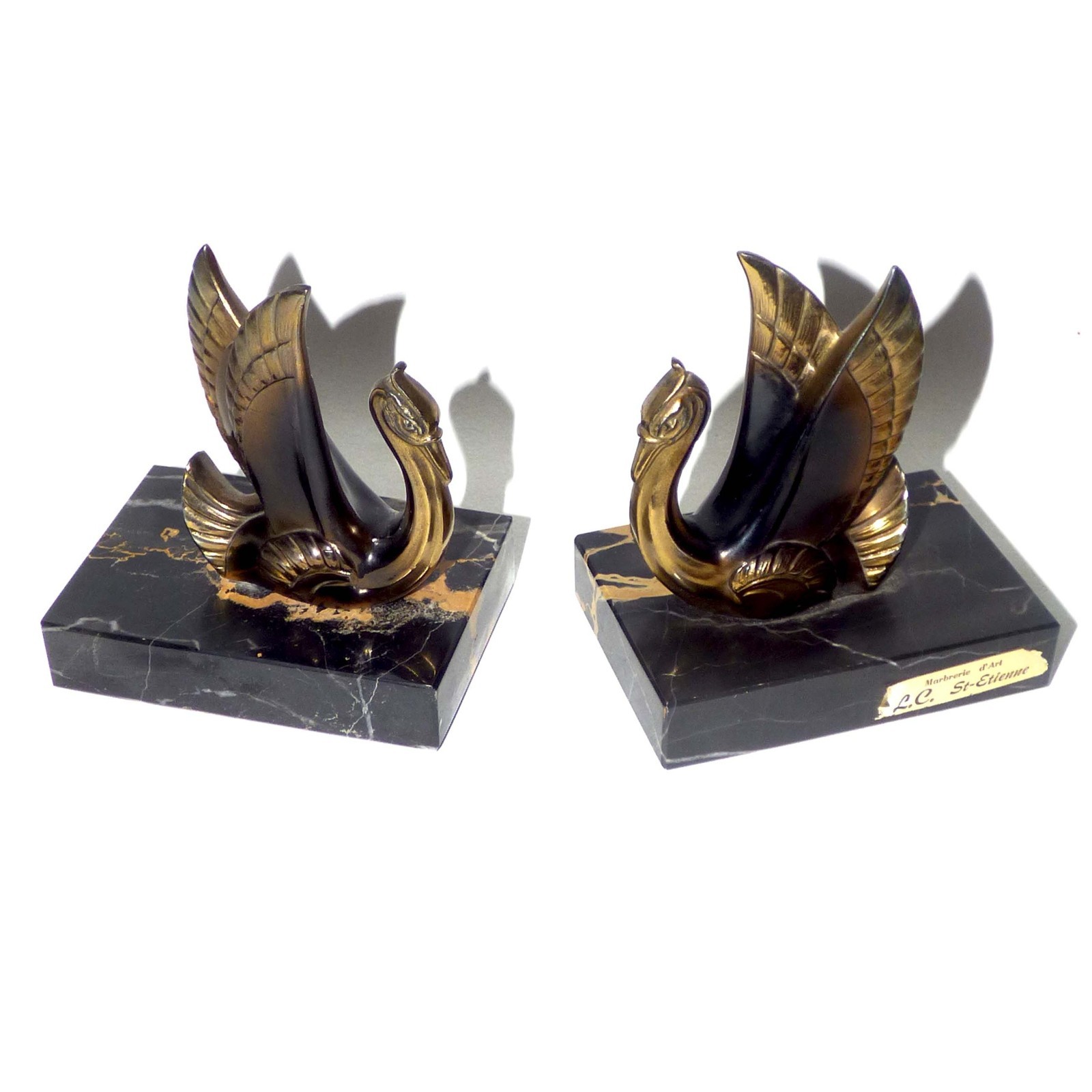 Vintage French Art Deco Swan Bookends Marble Spelter L.C. St-Etienne 1930s