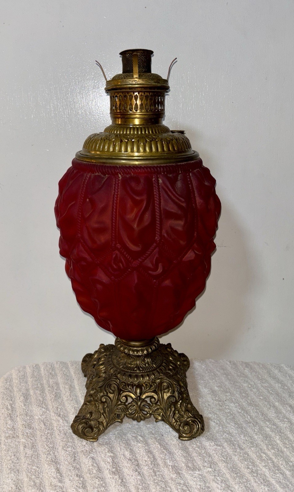 Antique Red Satin Glass Gone With The Wind Oil Lamp-Diamond Drape