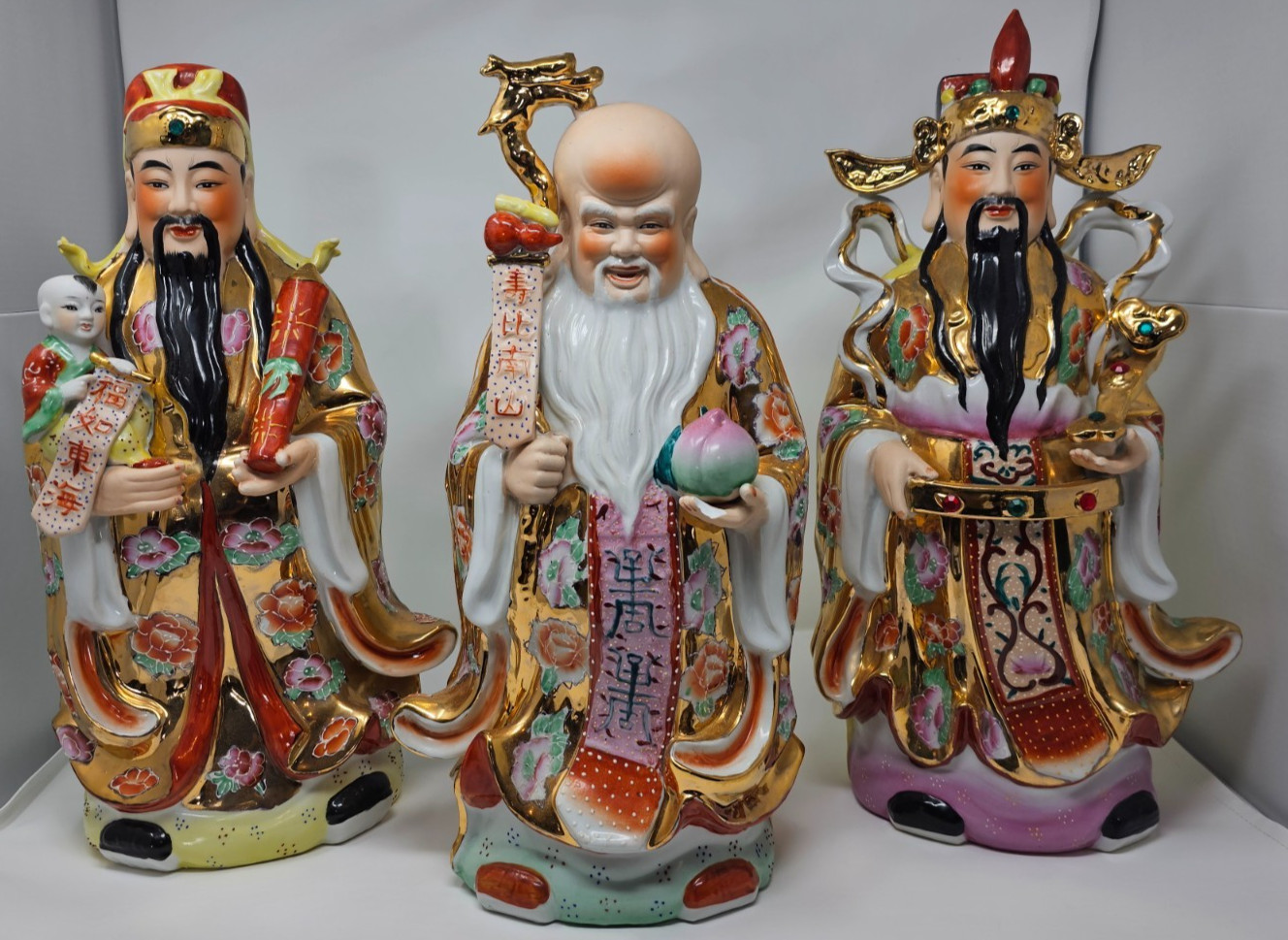 Large Chinese Porcelain Fu Lu Shou Sanxing 3 Gods Statue Set Gilt 16-18