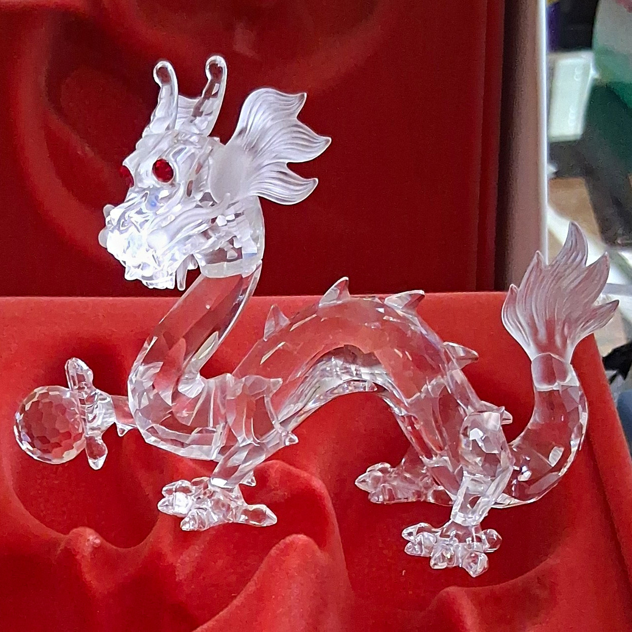 Swarovski Clear Crystal Dragon Figurine w/ Red Eyes in Red Presentation Box
