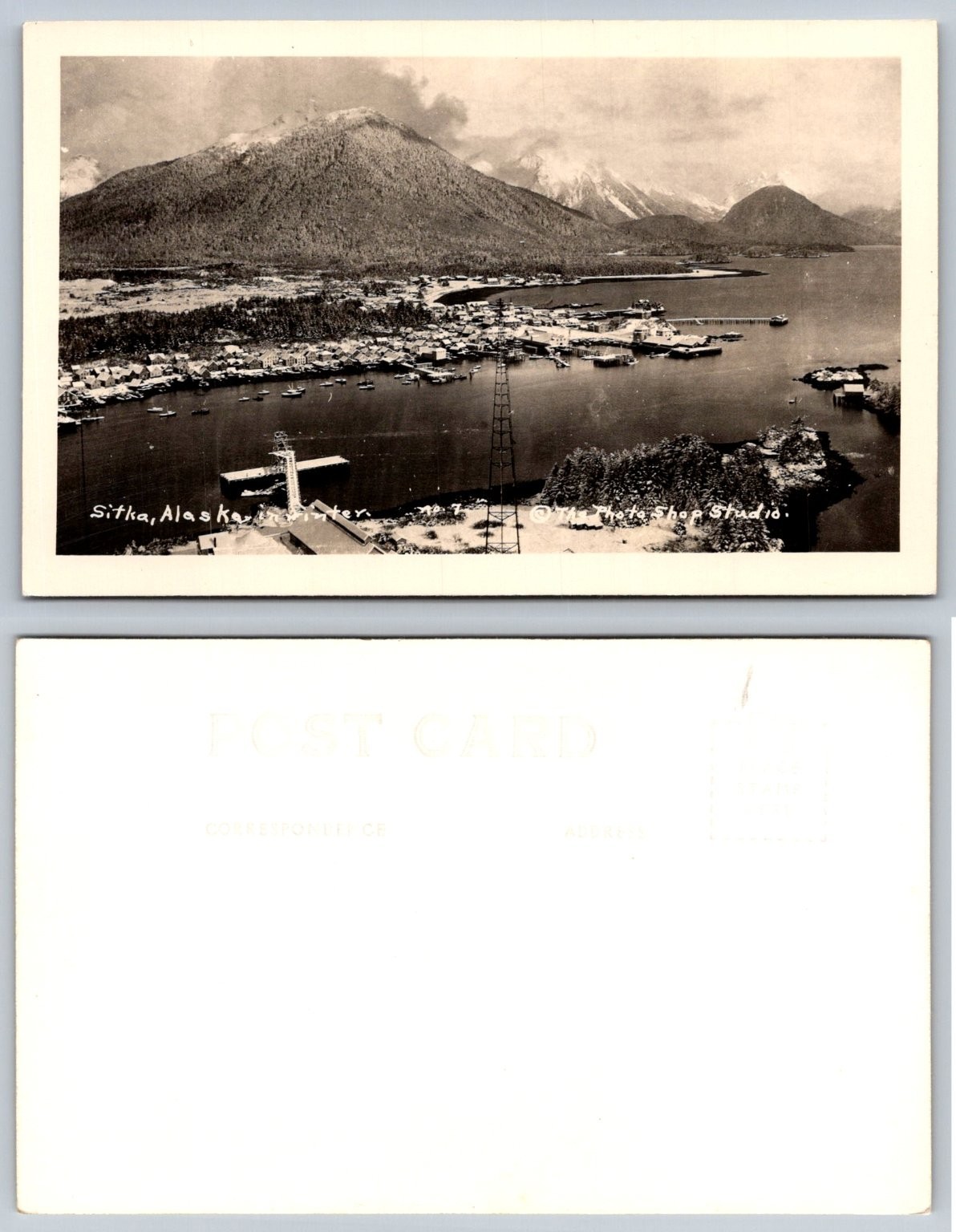Sitka Alaska Waterfront RPPC Vintage Postcard Aerial Mountain View Harbor