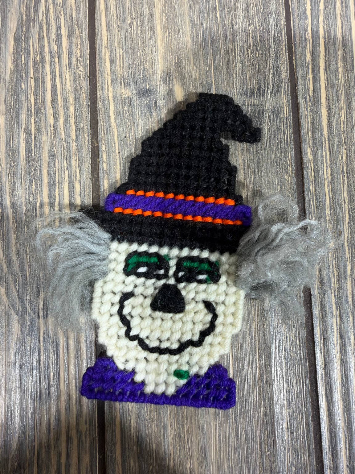 Vintage Handmade Halloween Witch Head Magnet Plastic Canvas Yarn Decor