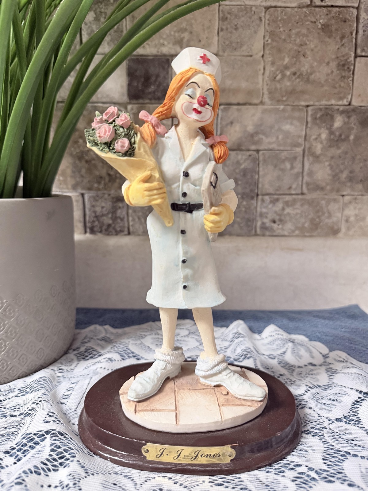 Vintage 1995 J. J. Jones Clown Nurse Figurine White Resin Wood Base Medium Decor
