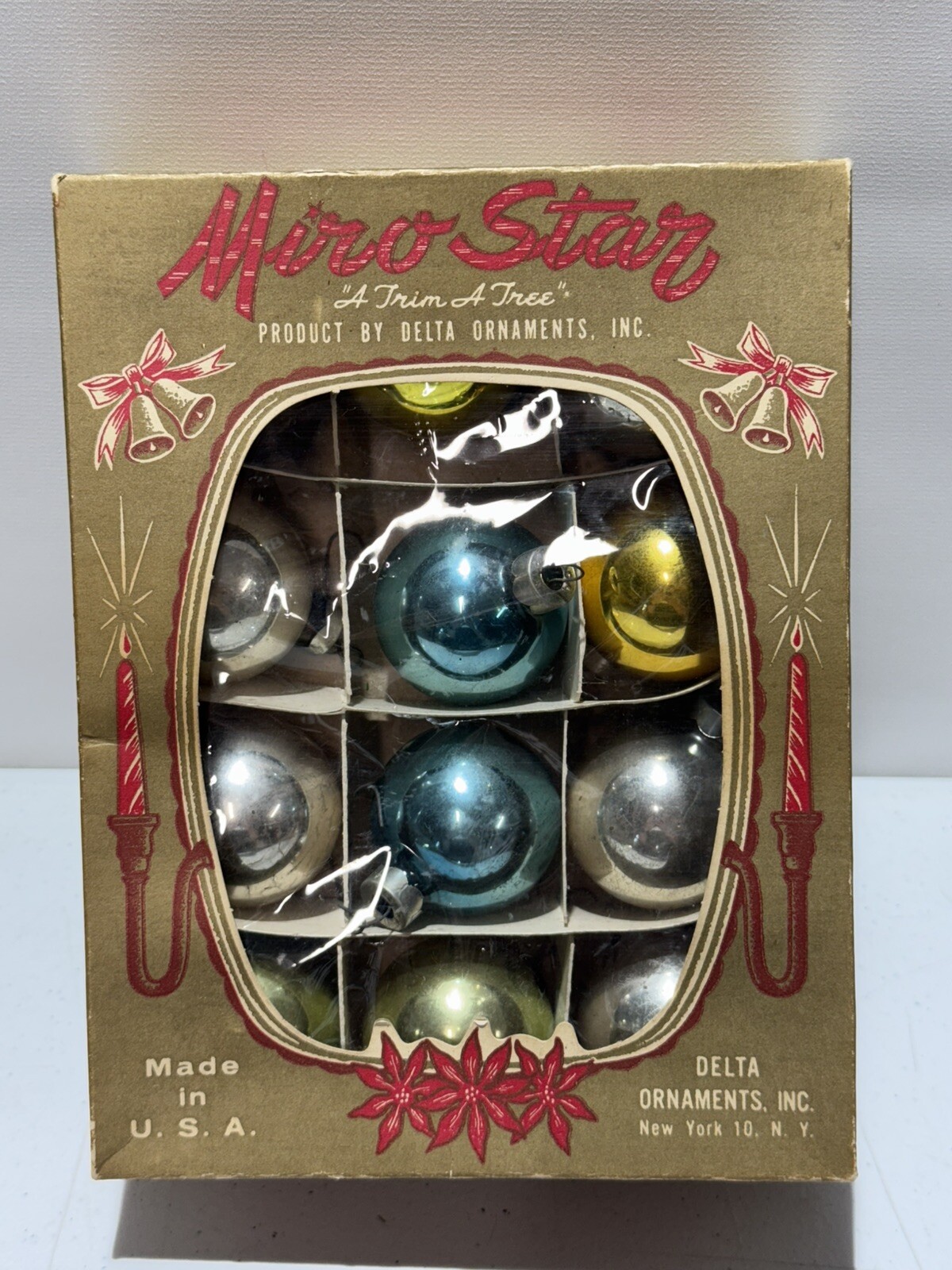 VINTAGE MIRO STAR 12 GLASS CHRISTMAS ORNAMENTS ORIGINAL BOX MIXED BLUE SILVER