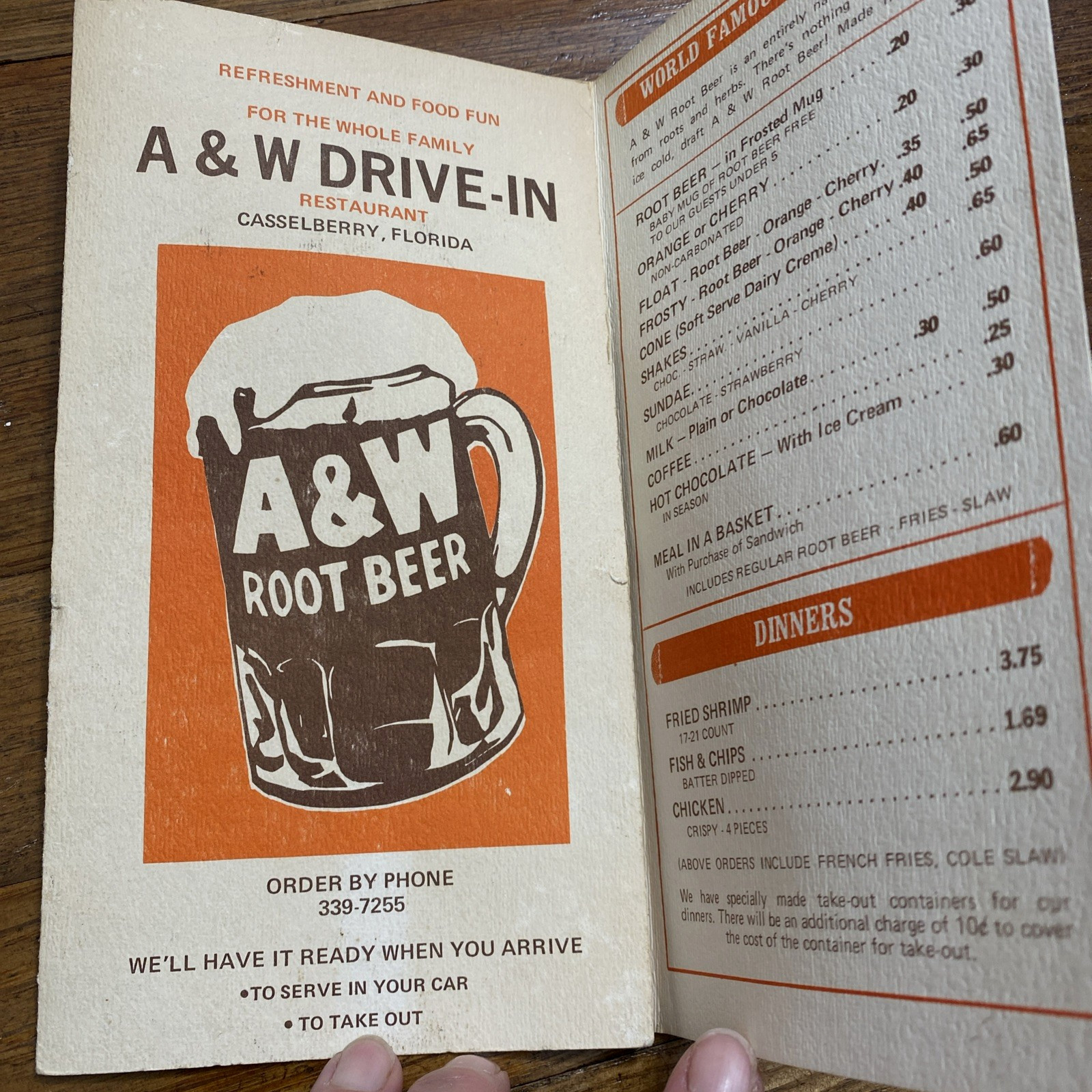 Vintage A&W Drive-In Menu Card - Casselberry, Florida. Hosts/Owners Krupinski 
