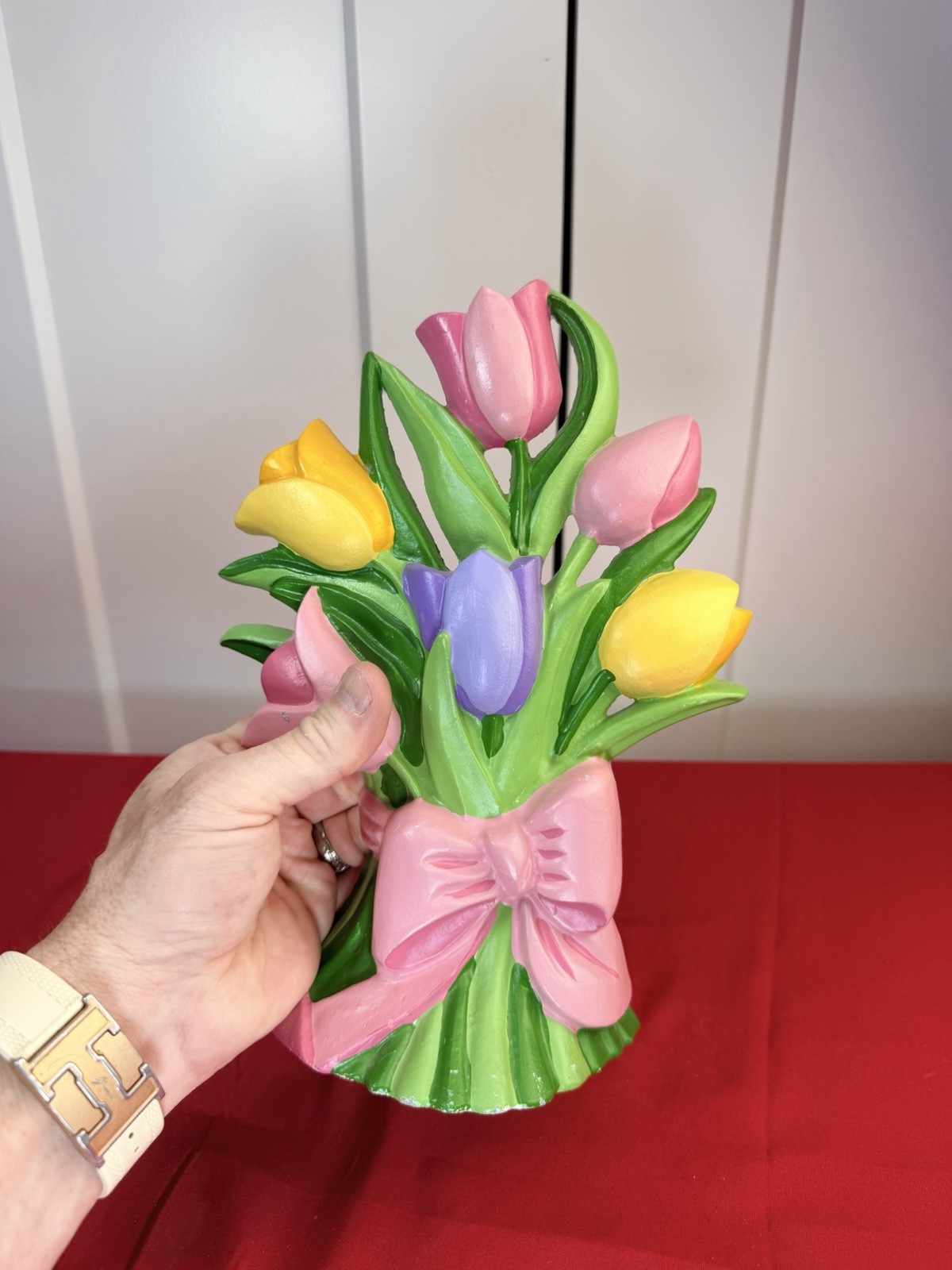 Vtg Cast Iron Tulip Flower Bouquet Doorstop Pink Bow Floral Decor 10.5” Heavy