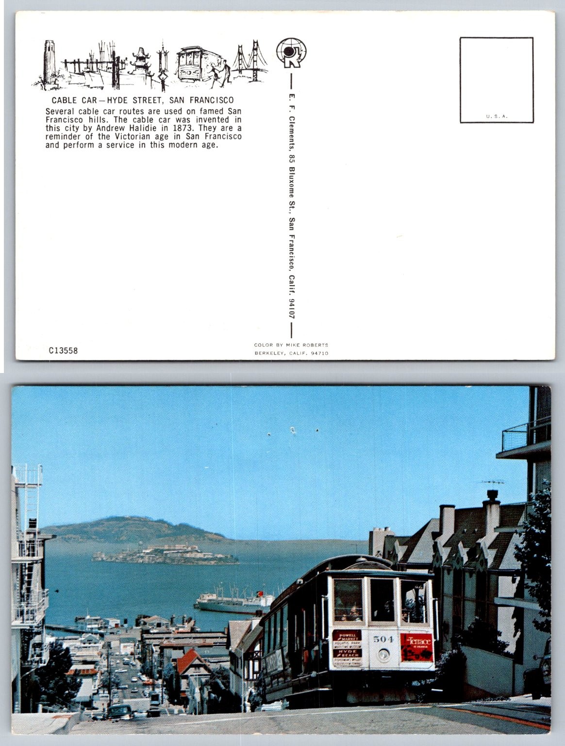 San Francisco Cable Car Hyde Street Alcatraz Island Vintage Postcard
