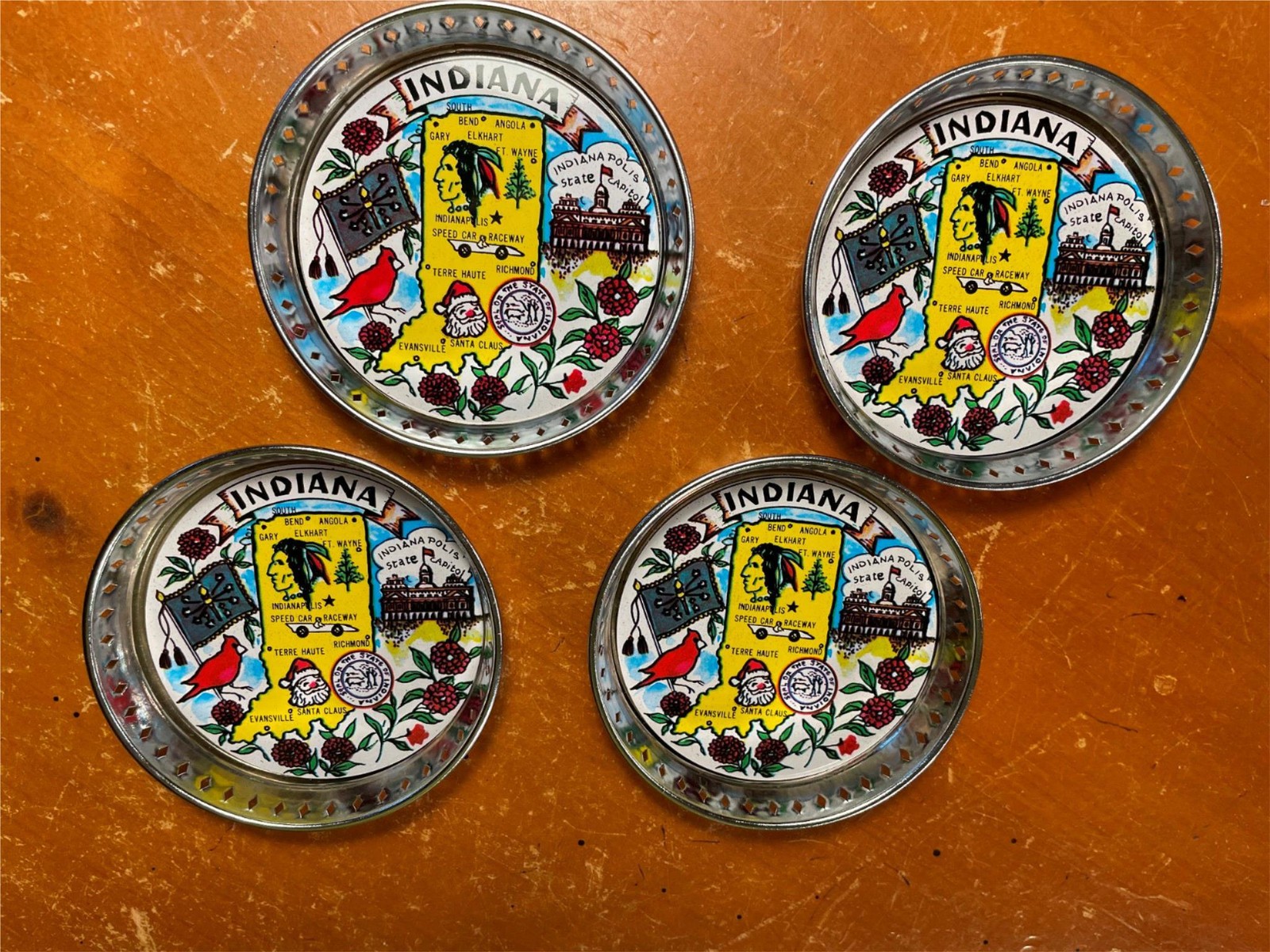 Vintage Indiana State Souvenir Coasters Set of 4 Made in Japan Metal Tin