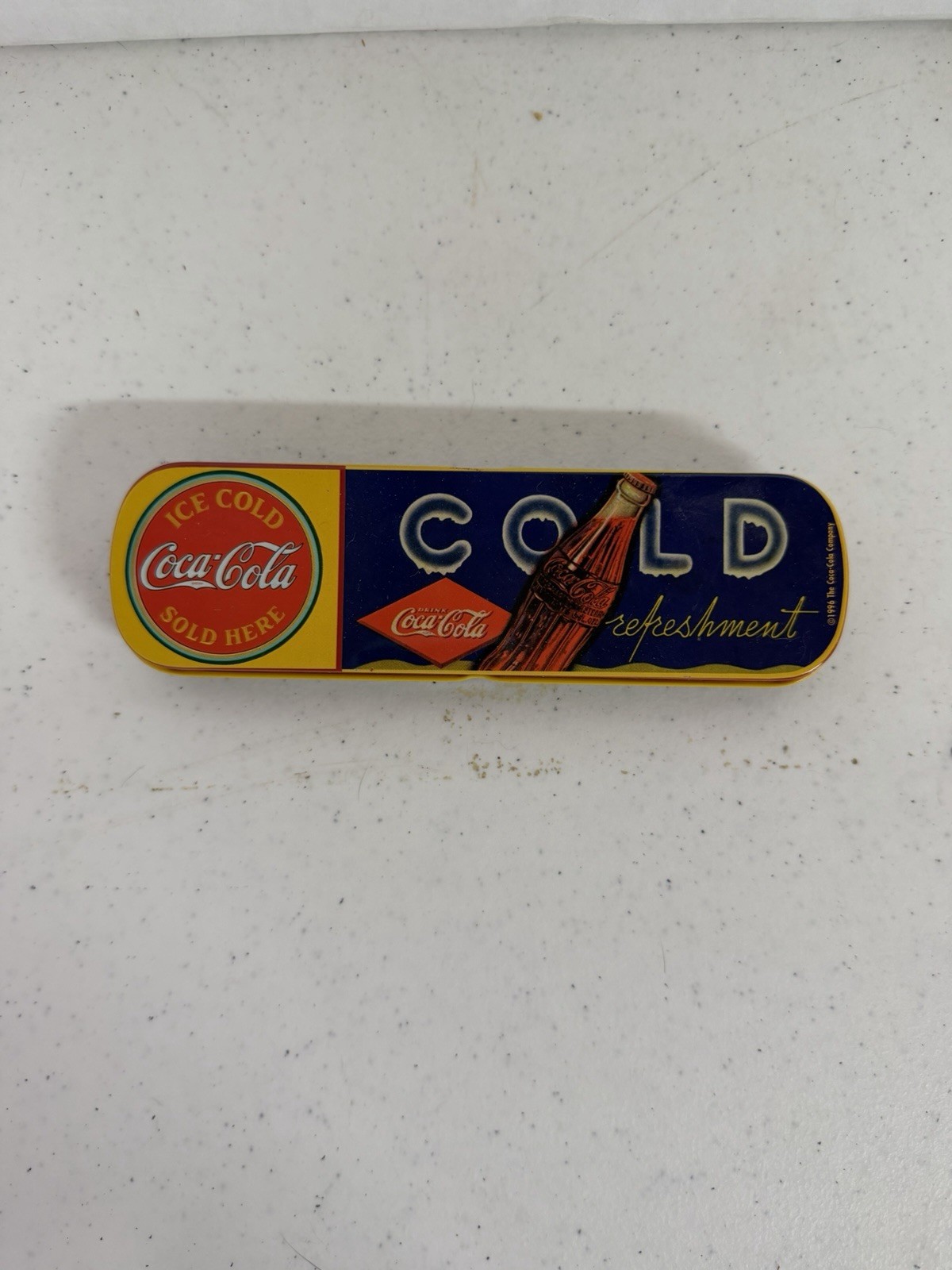 Coca-Cola 1996 Cold Refreshment Tin Case & Pen Set Blue Yellow Red