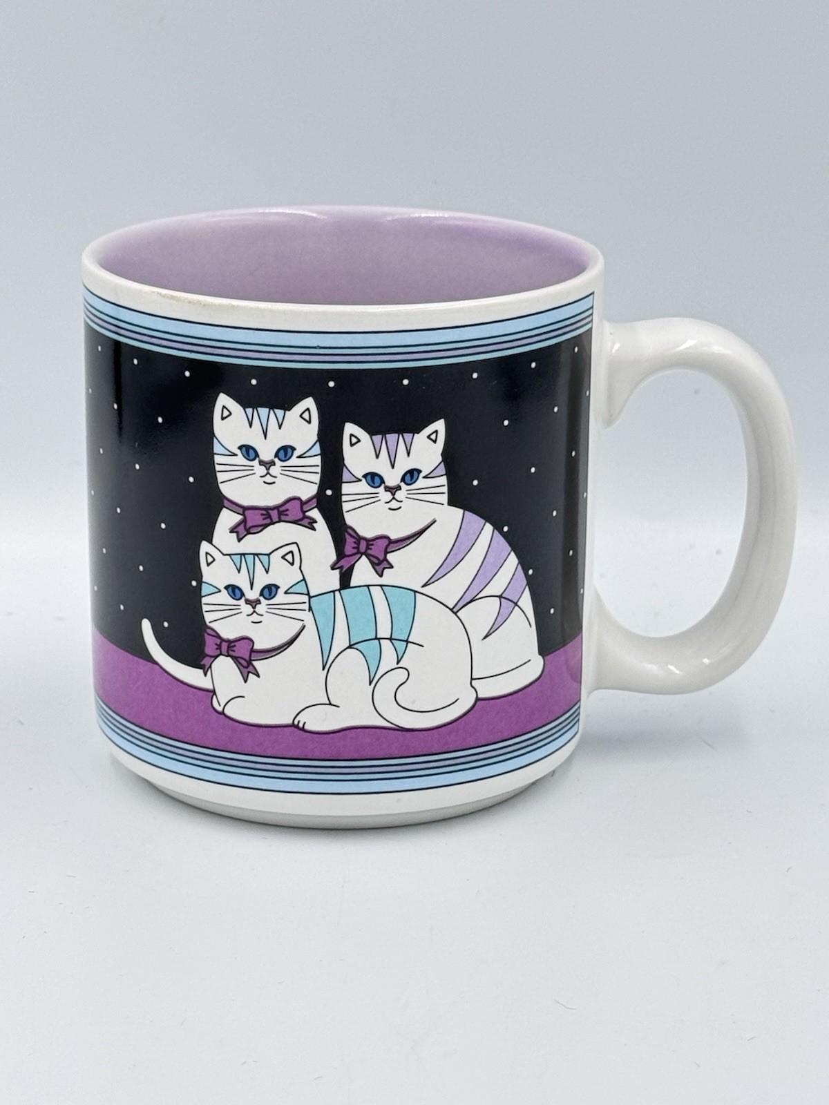 Vintage Papel Freelance Cats Coffee Cup Mug Blue Eyes Purple Bow Ties Retro