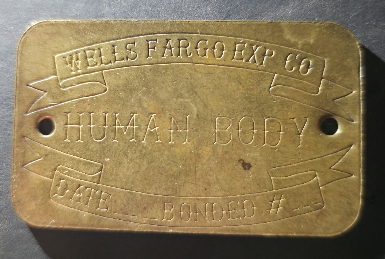 Antique Wells Fargo Exp. Co. Human Body Transport ID Tag Brass Shipping Label