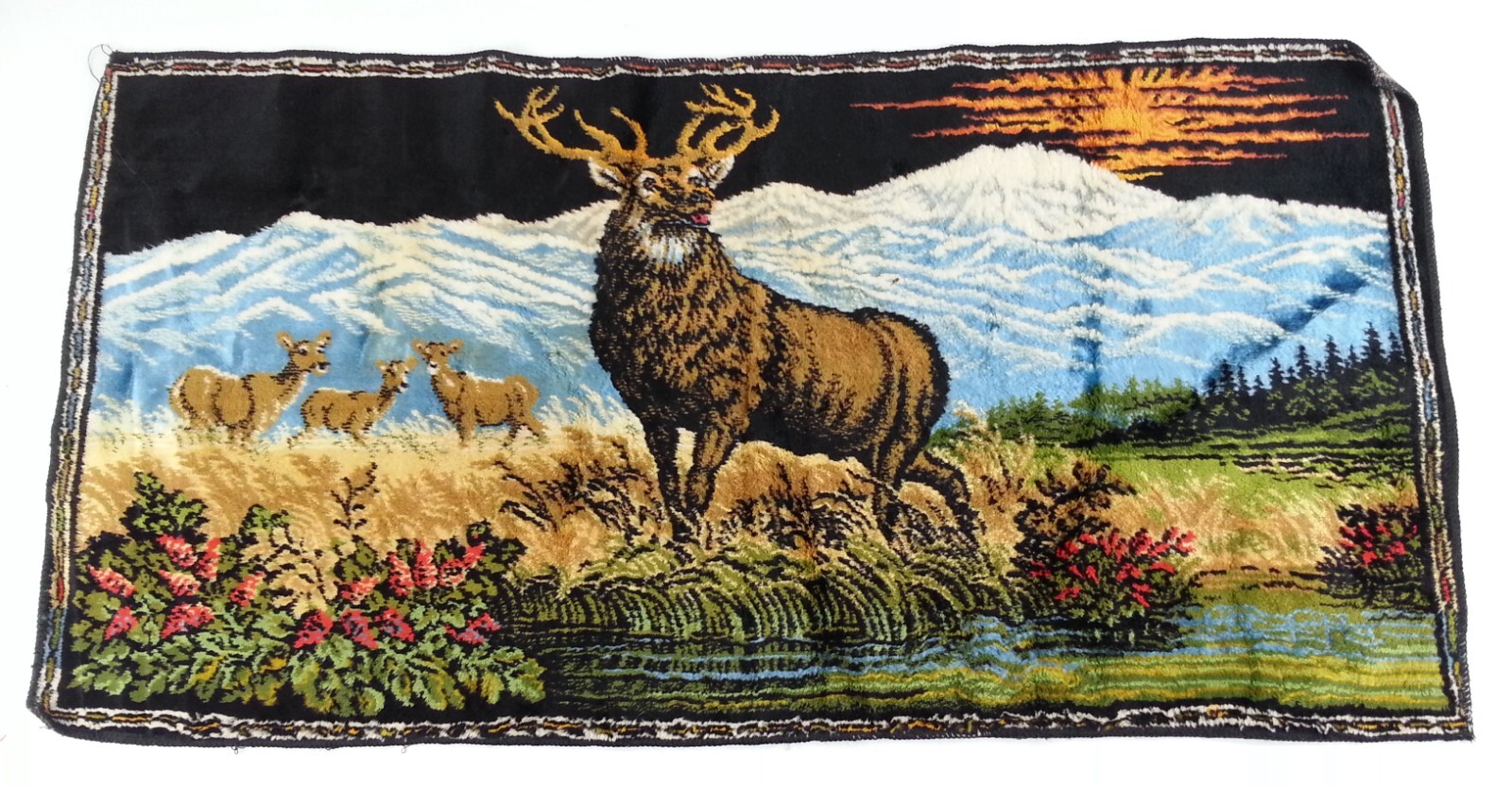 Vintage Retro Stag Elk Deer Tapestry Wall Hanging MCM Wildlife Mountain Scene