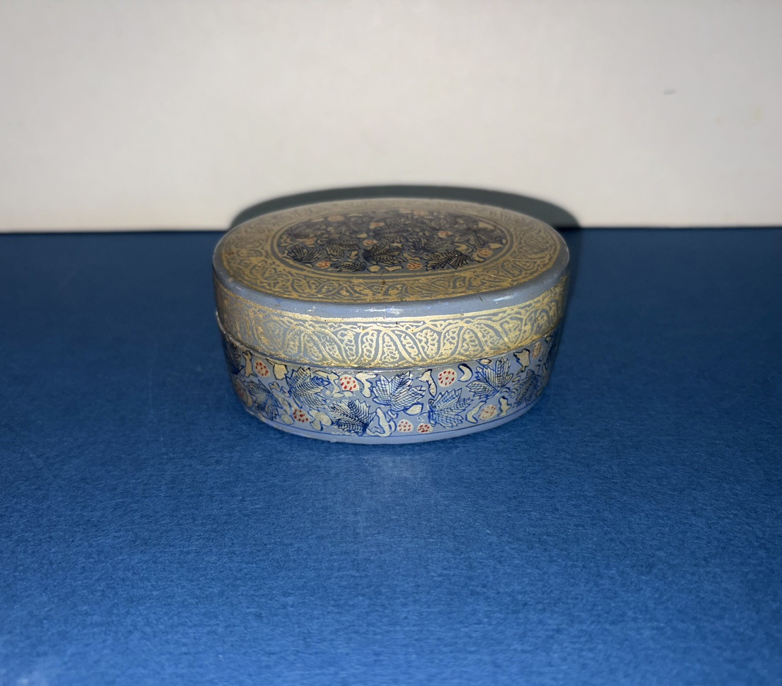 Vintage Kashmir India Trinket Box Jewelry Hand Made Original Blue Oval Rare