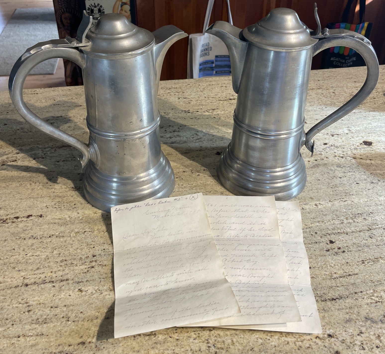 Antique c.1850’s Reed & Barton Pewter Communion Flagons Set Of 2  *W/Provenance*