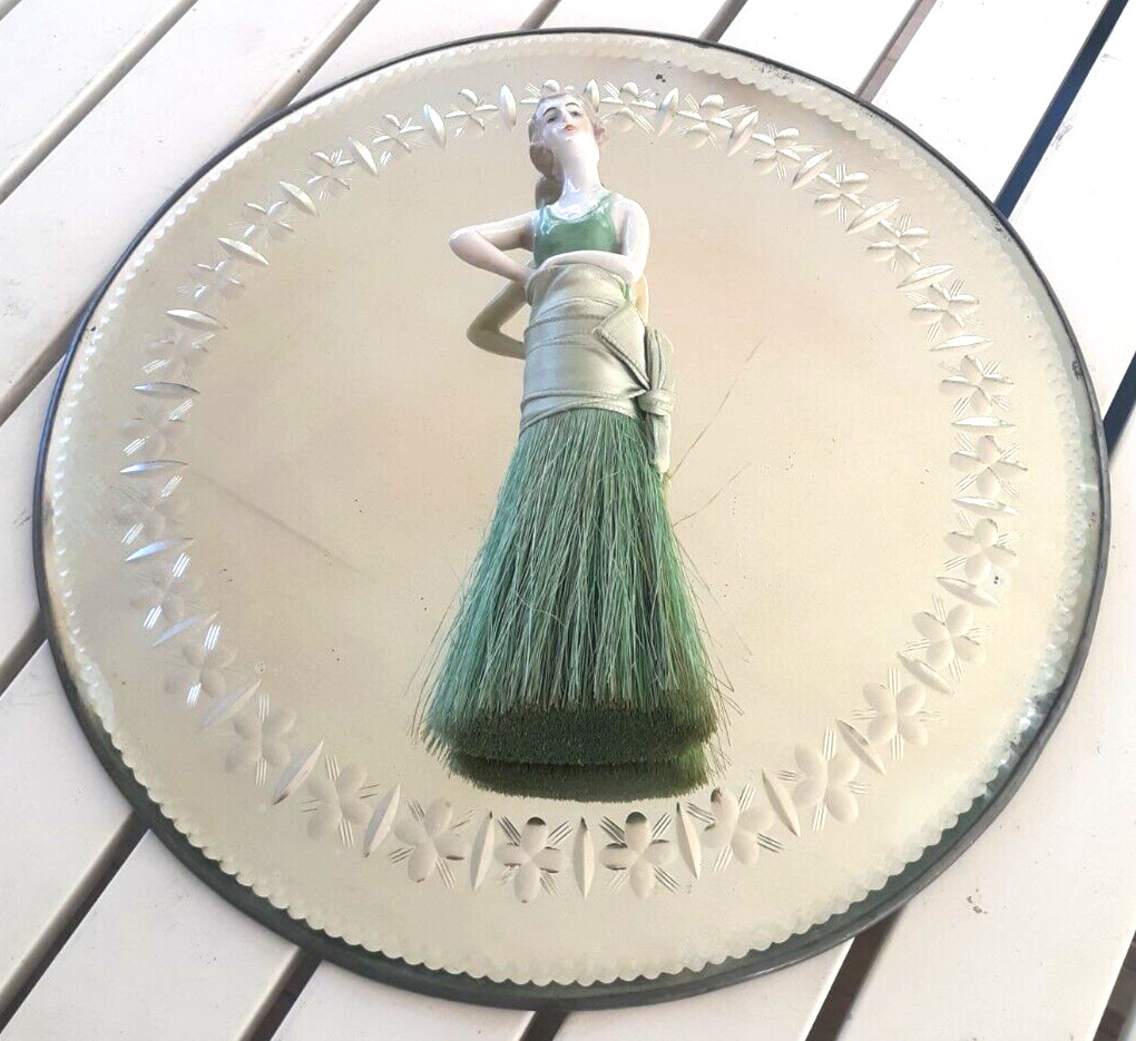 Antique Round Cut Glass Beveled Plateau Mirror Table Top Vanity Jewelry Mirror