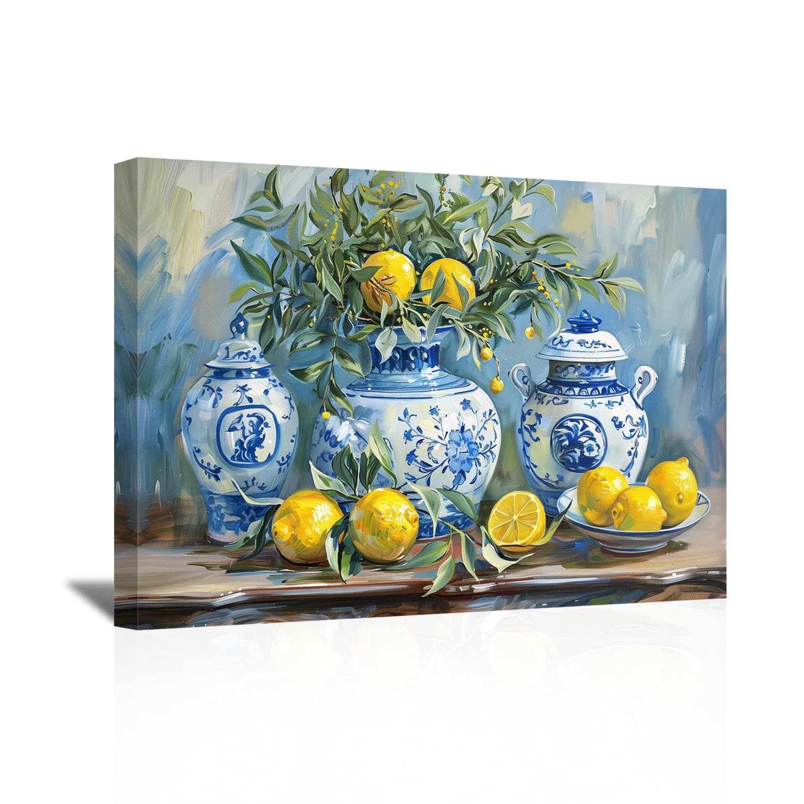 SWQYLB Lemon Wall Art Blue Canvas Prints 24x36 Framed