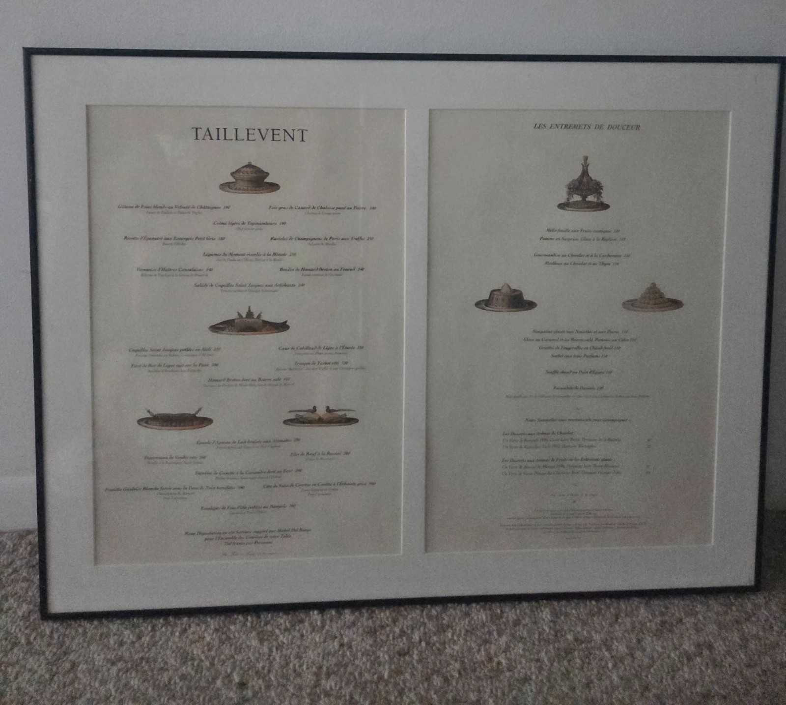 Vintage Taillevent Paris French Menu from the 1990s Framed Excellent Condition