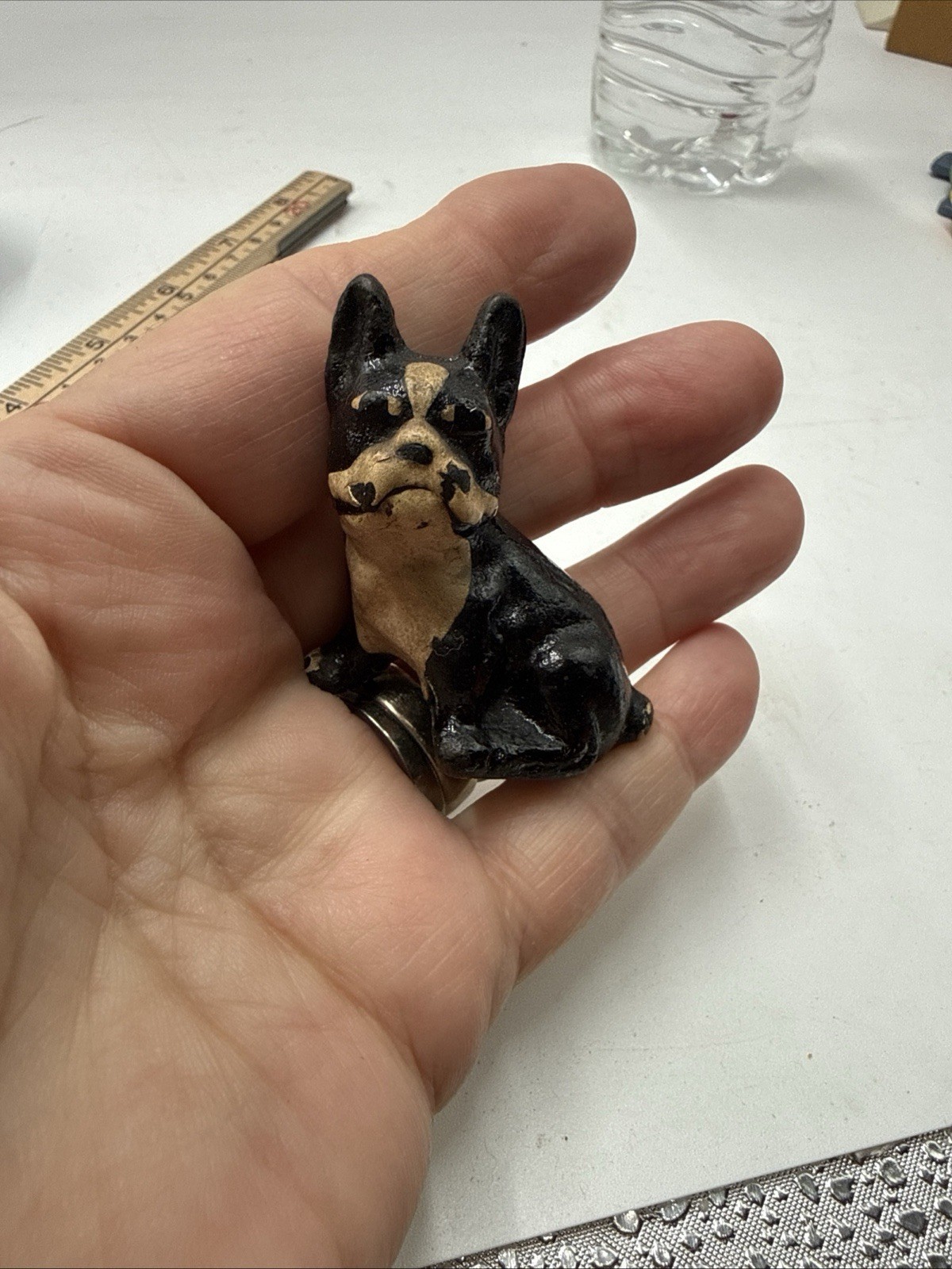 Antique 2” Cast Iron Mini Sitting Brown Boston Terrier Paperweight