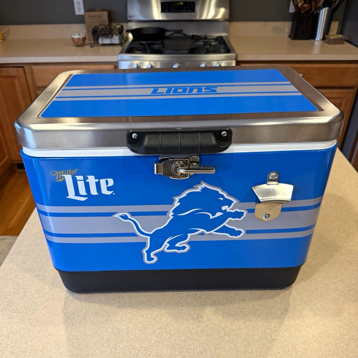 Miller Lite Detroit Lions Blue Metal Cooler Ice Chest with Bottle Opener
