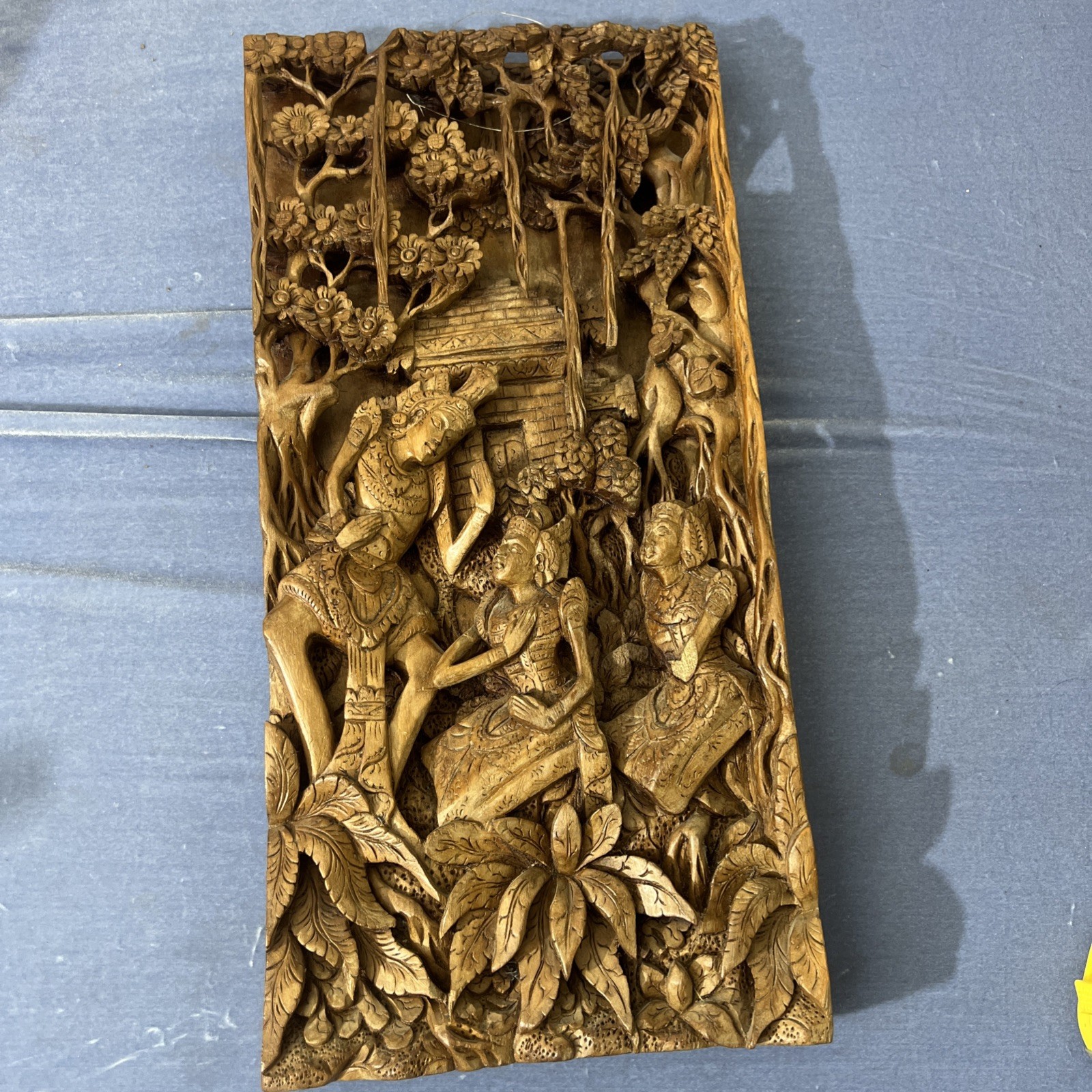Vintage Balinese Ramayana Rama Sita Hanuman Carved Wood Wall Panel 20”
