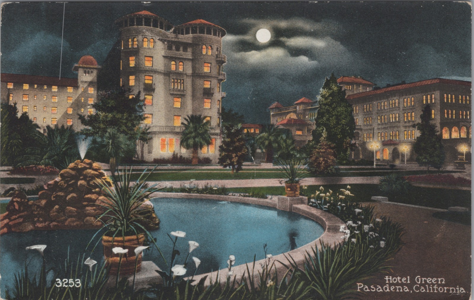 Pasadena California Hotel Green Moonlight Night Scene Vintage Postcard