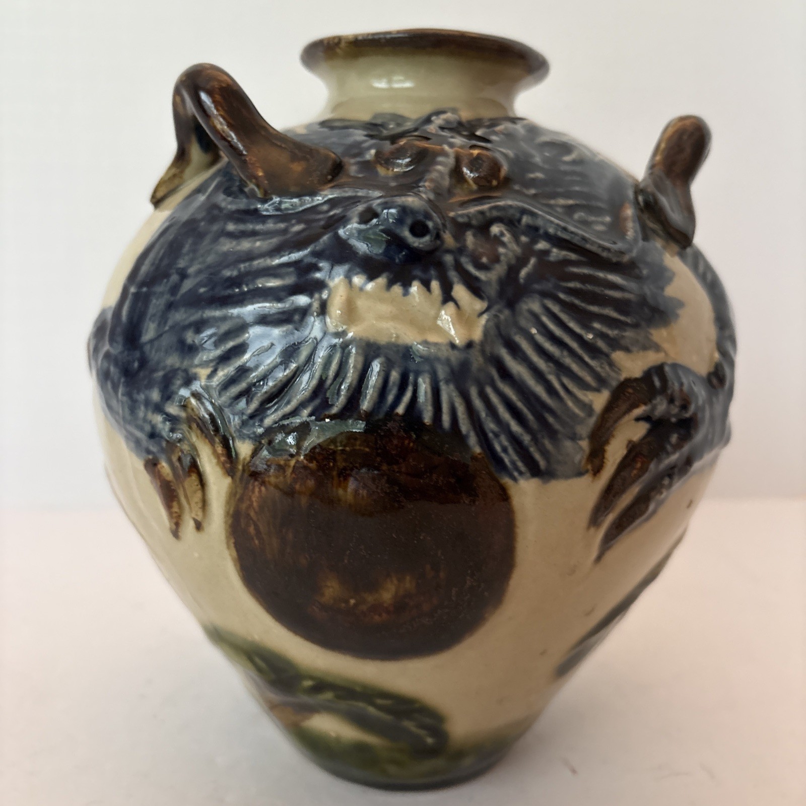 Vietnamese Biên Hòa School polychrome glzd stoneware 4-lug jar Tứ Linh 1920-1960
