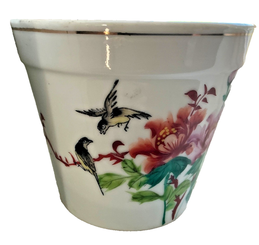 Vintage signed Rubens Chinese Planter Hand Painted ceramic 4” birds flowers pot