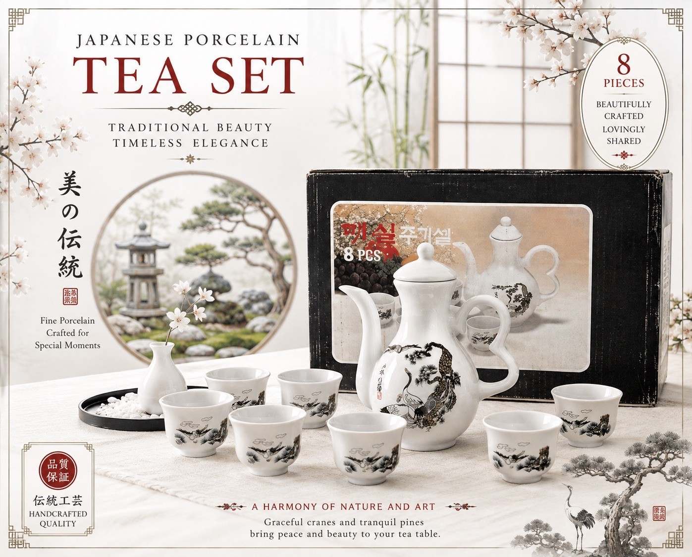 VTG Japanese 8 Piece Porcelain Tea Set Sake Set Crane Design Decanter Teapot