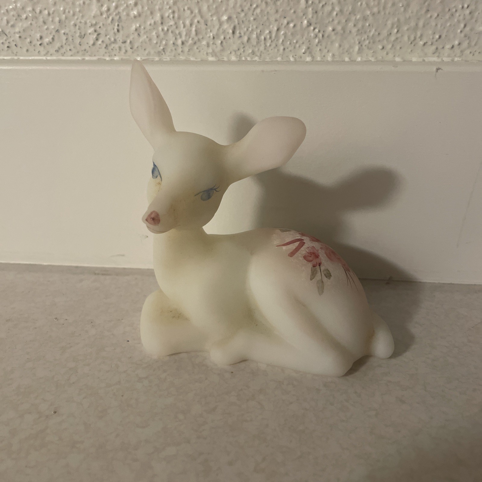 Vintage Fenton Glass White Satin Rose Deer Figurine, Hand Painted w/ Signature 