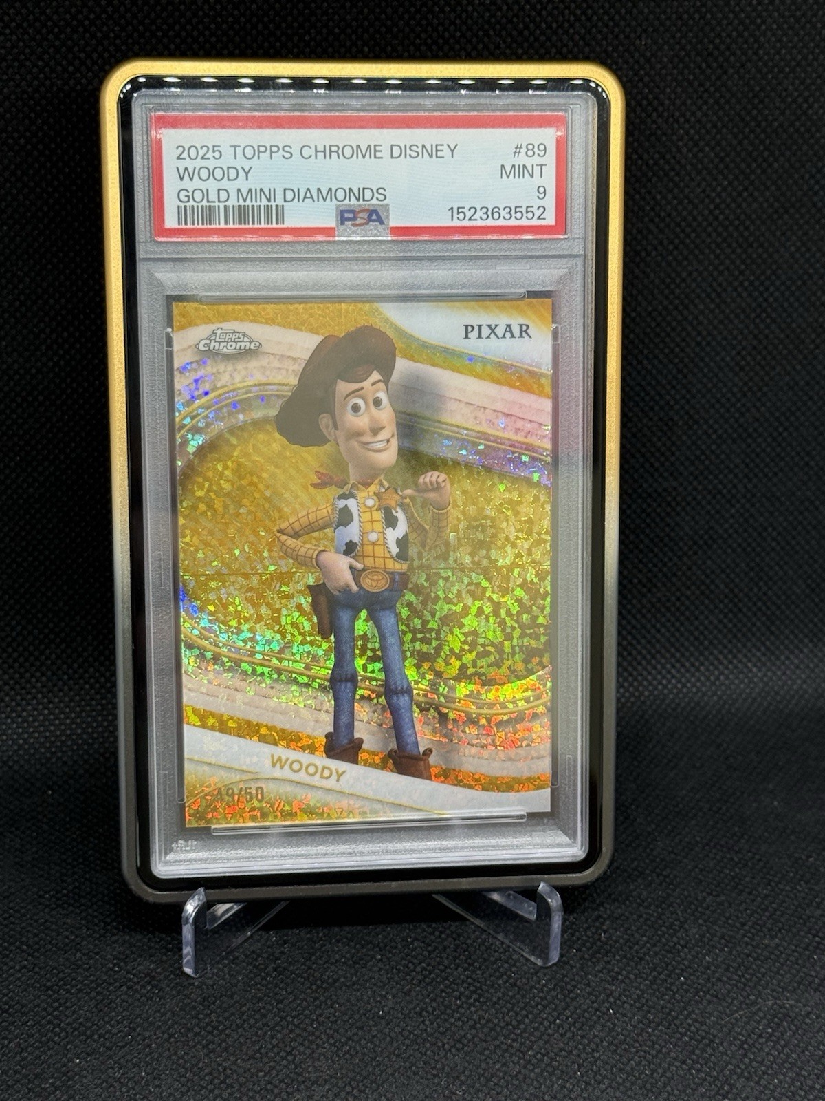 2025 Topps Chrome Disney Woody Gold Mini Diamond /50 PSA 9