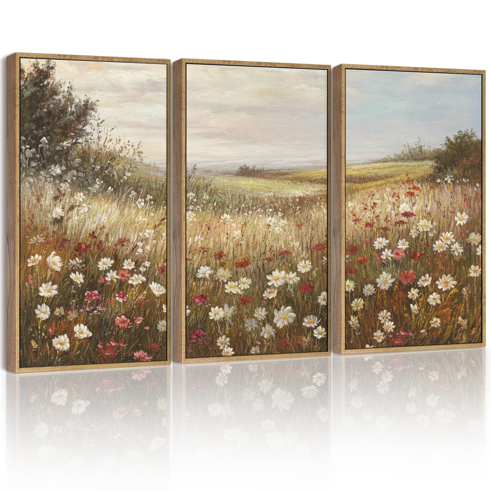 SHENIFY Vintage Framed Wall Art Meadow Wildflower 16x24in 3pcs Natural Frame
