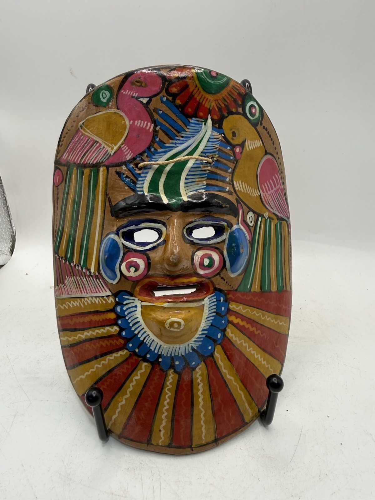 Vintage Mexican Folk Art Terracotta Clay Mask Hand Painted Birds Wall Decor 6” *