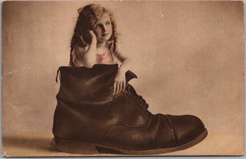c1910s England British Greetings Postcard Girl in Big Shoe - Regent Pub.  UNUSED