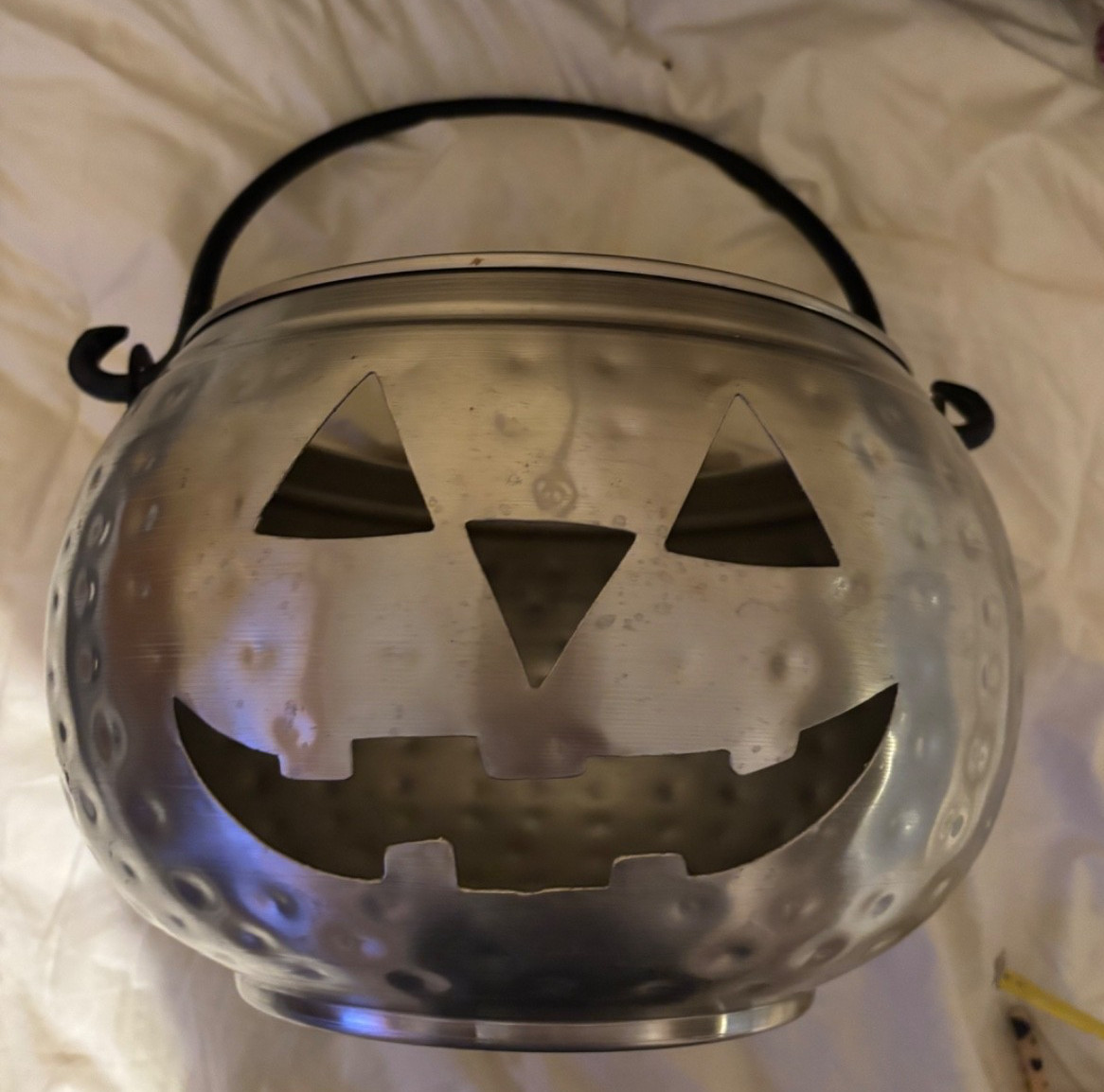 LARGE GALVANIZED JACK-O-LANTERN HAMMERED METAL PUMPKIN CANDLE VESSEL. 12
