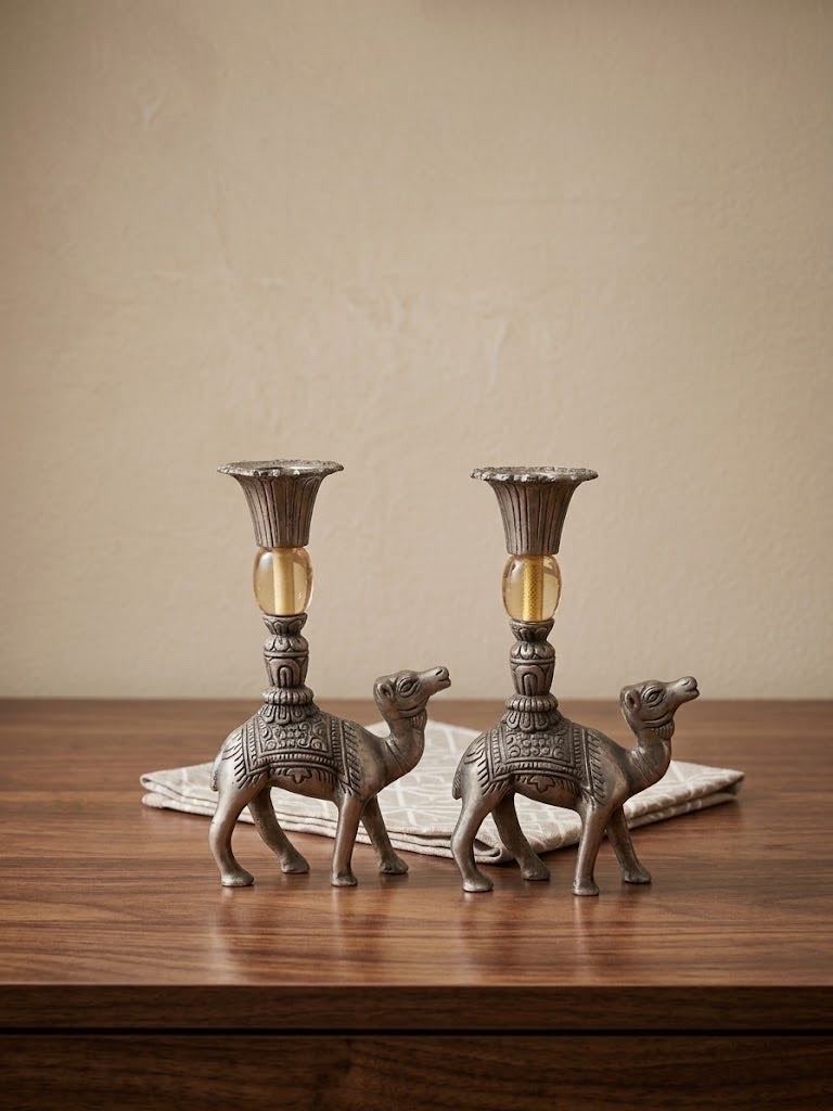 Vintage Pair Camel Candle Holders Brass Tone Amber Glass Middle Eastern Decor