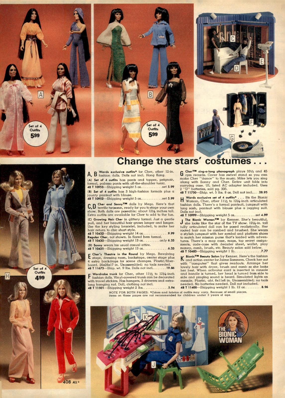 1977 PAPER AD 2 PG Sonny & Cher Bionic Woman Fashion Doll Donnie and Marie