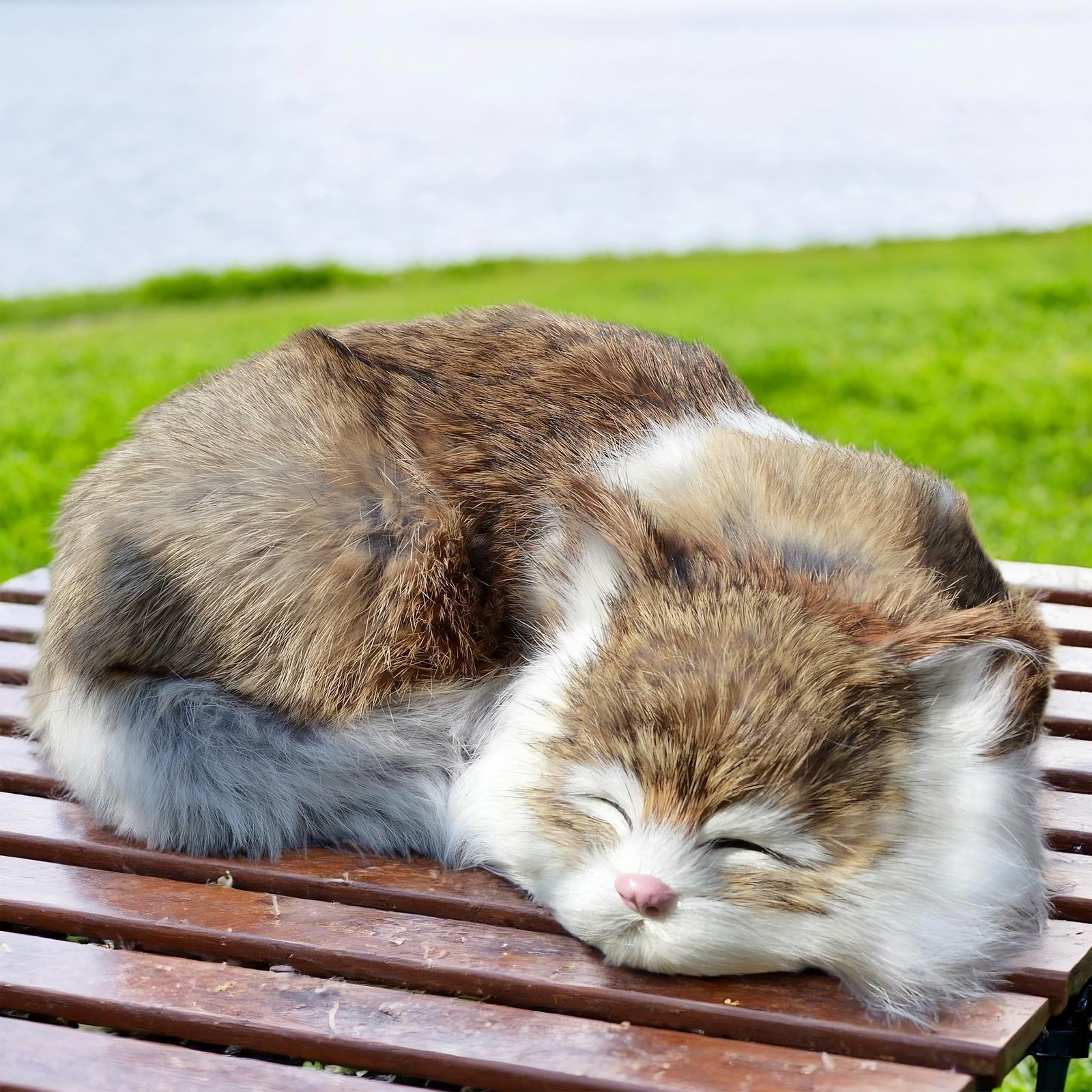 Lifelike Brown and White Sleeping Cat Figurine - Realistic Curled Up Doughnut...