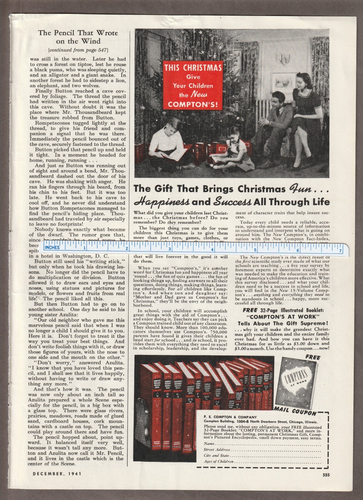 1941 COMPTON'S ENCYCLOPEDIA XMAS Magazin AD~PICTURE PUZZLE Story Book/Hans Kreis