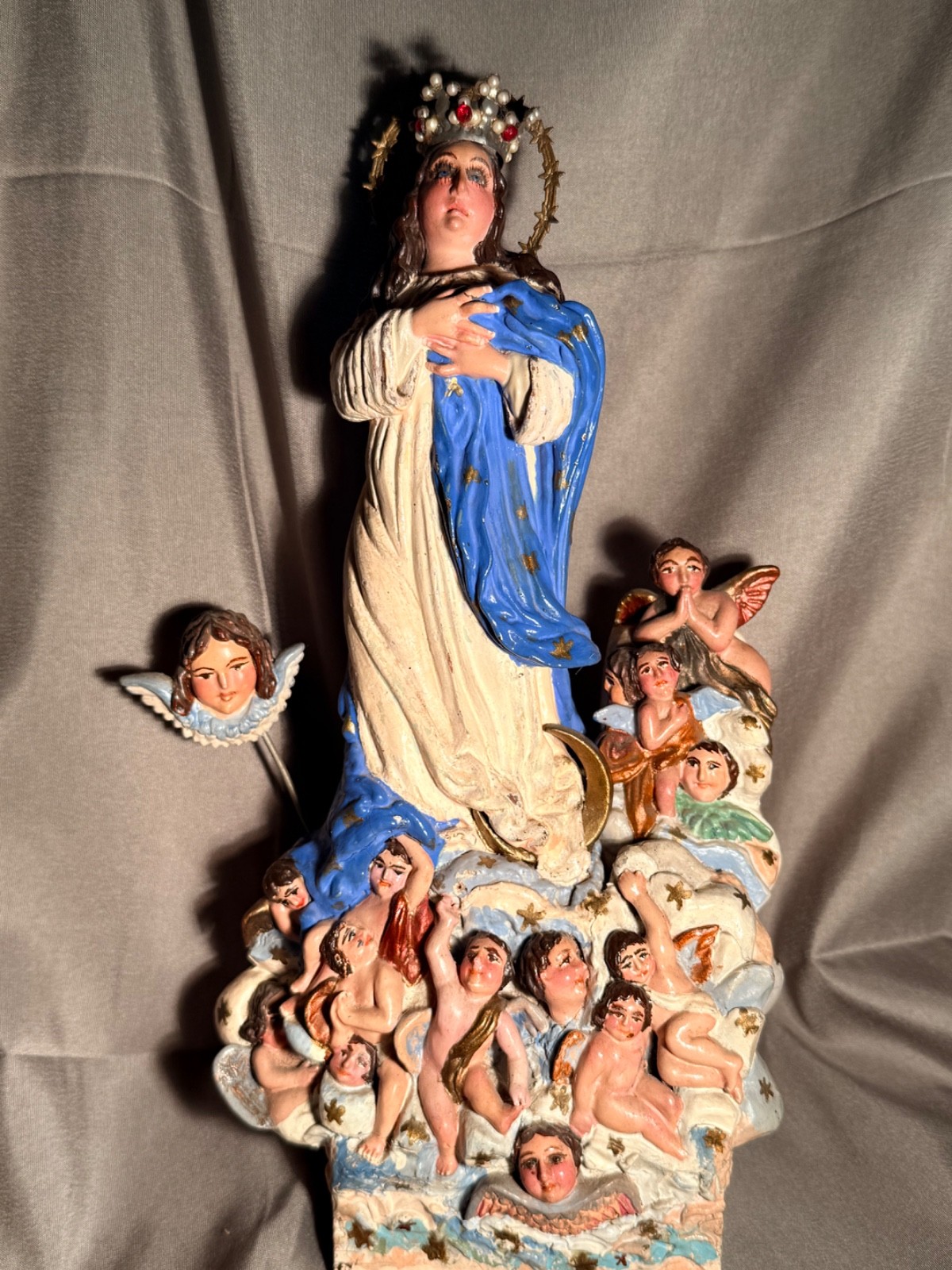 antique santos hand carved wood religious statue Our Lady of the Angels