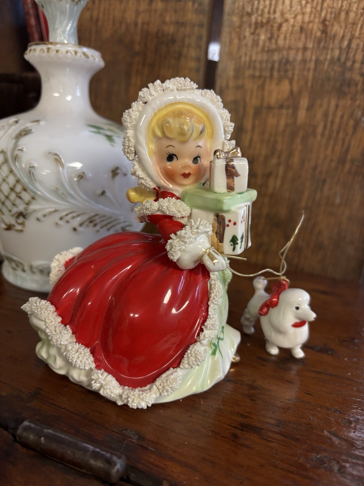 Vtg Napco Christmas Shopper Girl Spaghetti Trim Figurine Walking Poodle AX2749B