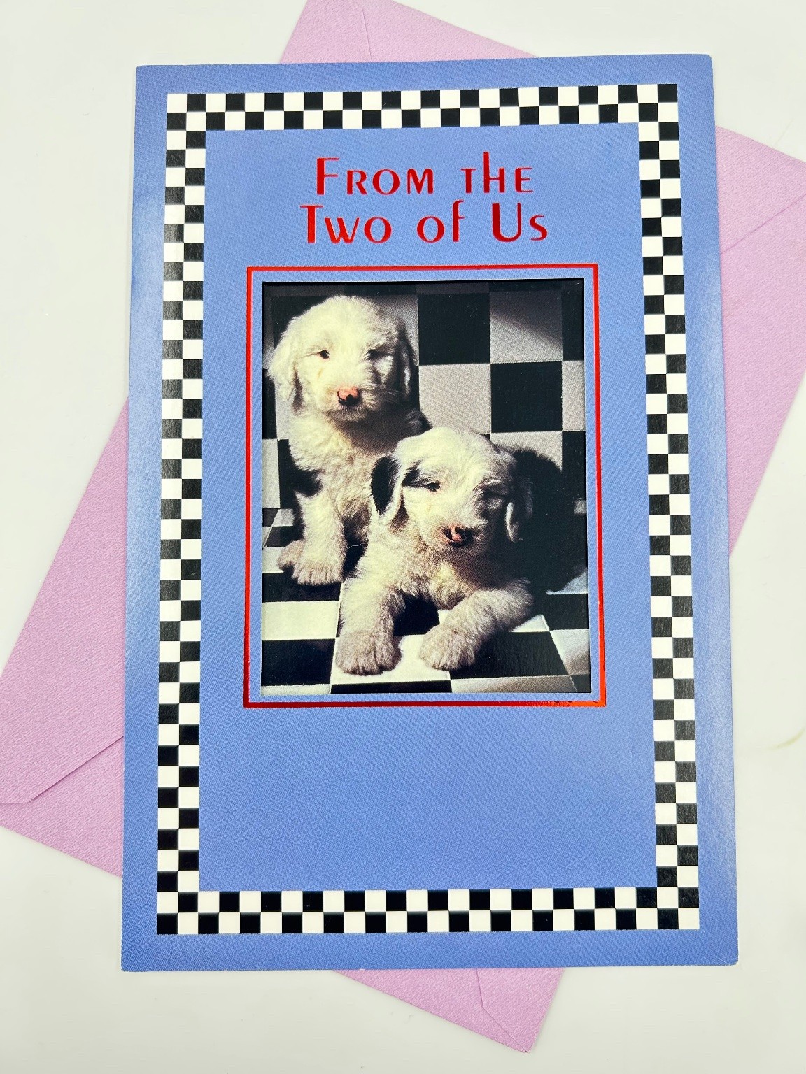 Vintage Carlton Birthday Card Fluffy Puppies Checkerboard 80s 90s 