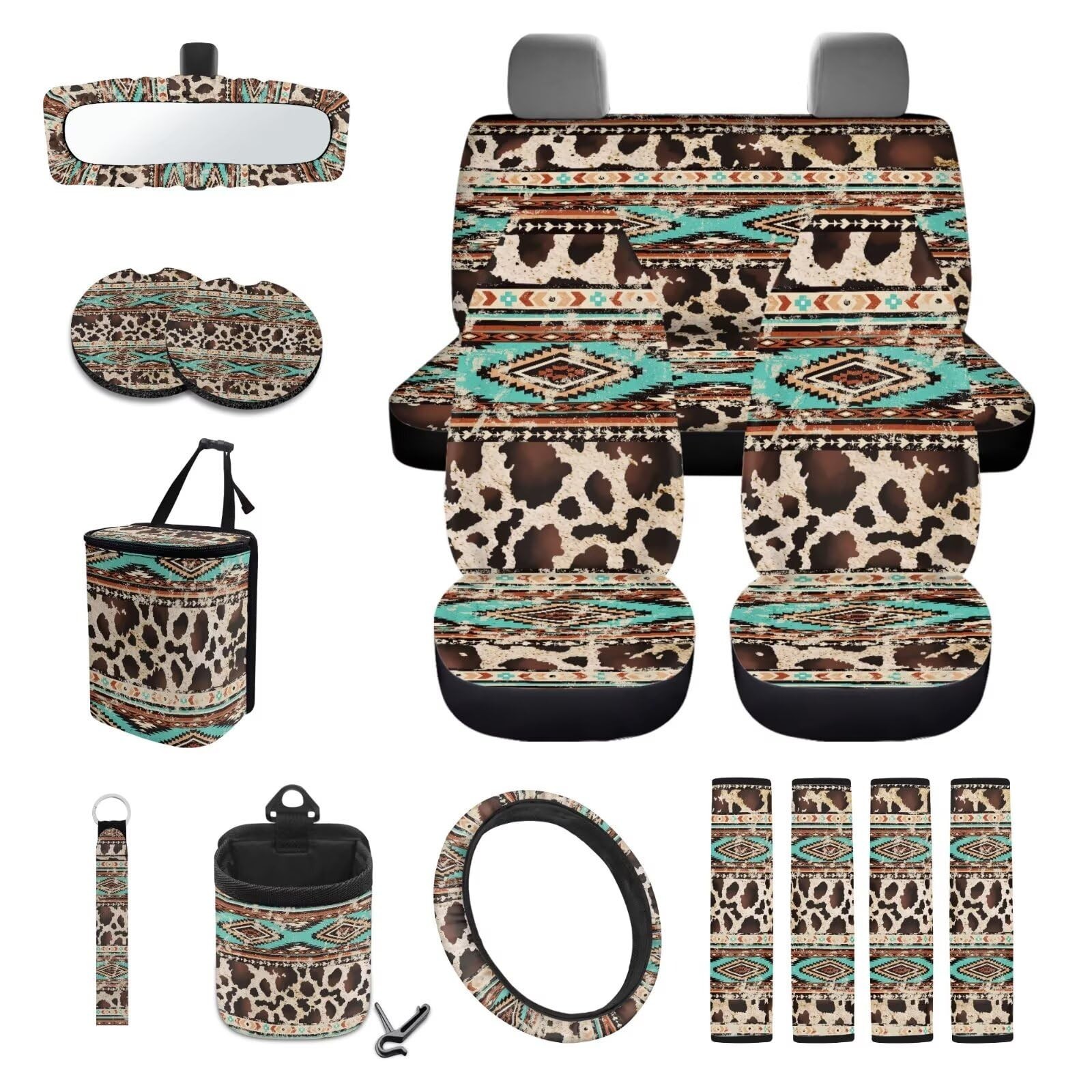 Aztec Cow 15 Pcs Car Seat Cover Full Set for Women Car Seat Cover with Steeri...