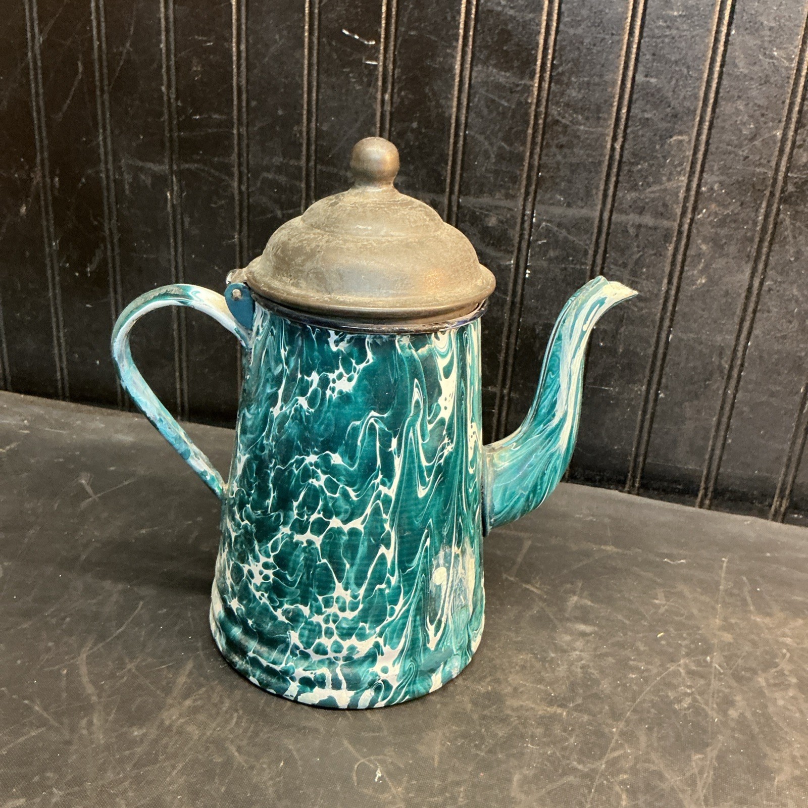 Antique Green Swirl Graniteware Coffee Pot 1890\'s Farm Country Cottage 