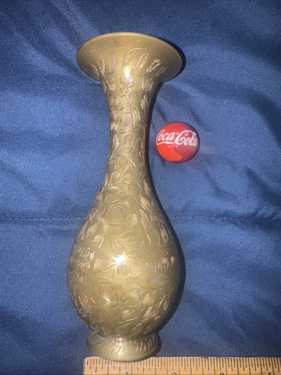 Vintage Leaf Etched 6” India Brass Bud Vase & 5 Cent Coca Cola Marble