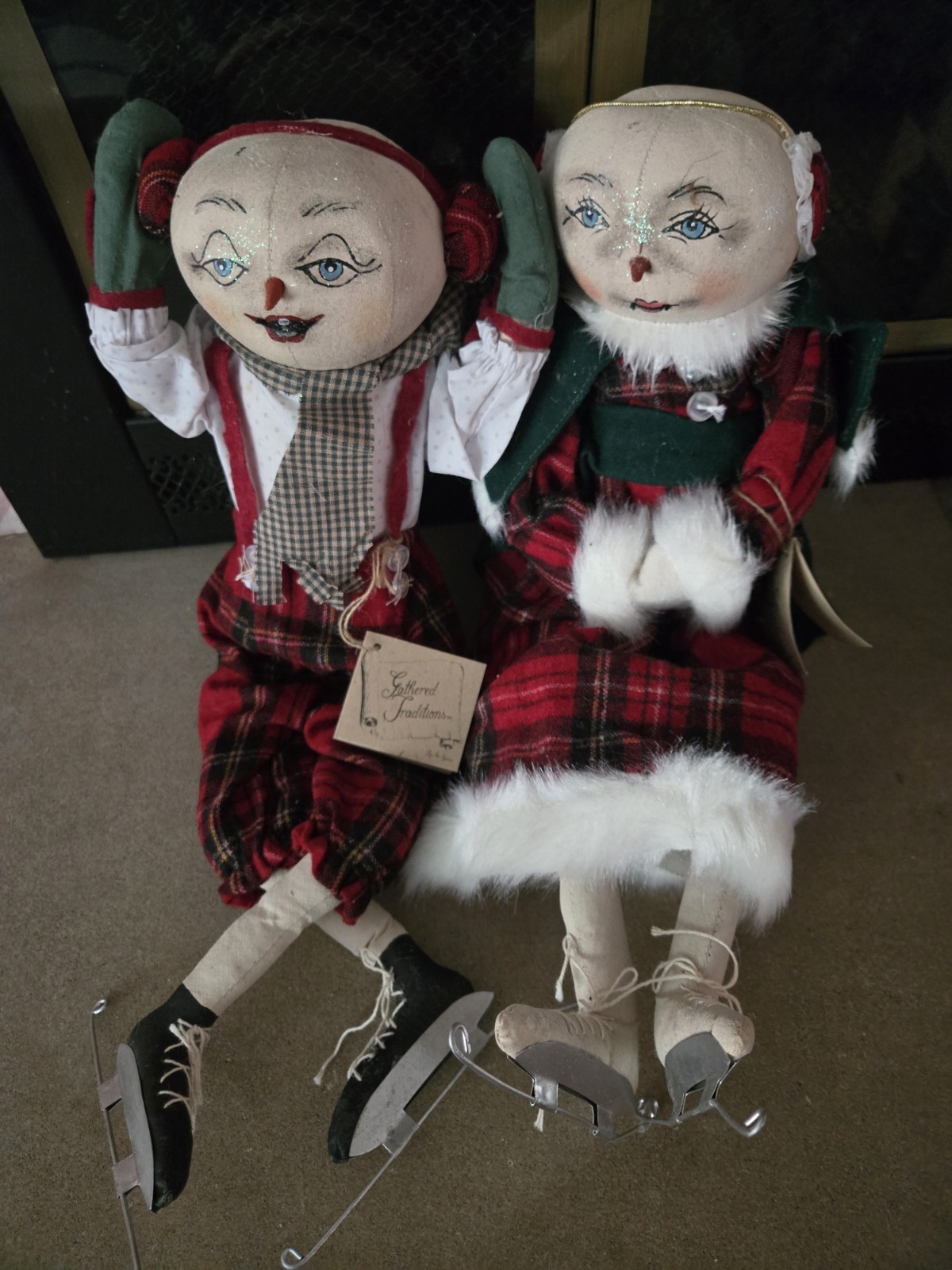 2 Rare Joe Spencer Gathered Traditions Snowman Karl Katia Ice Skaters Folk Art