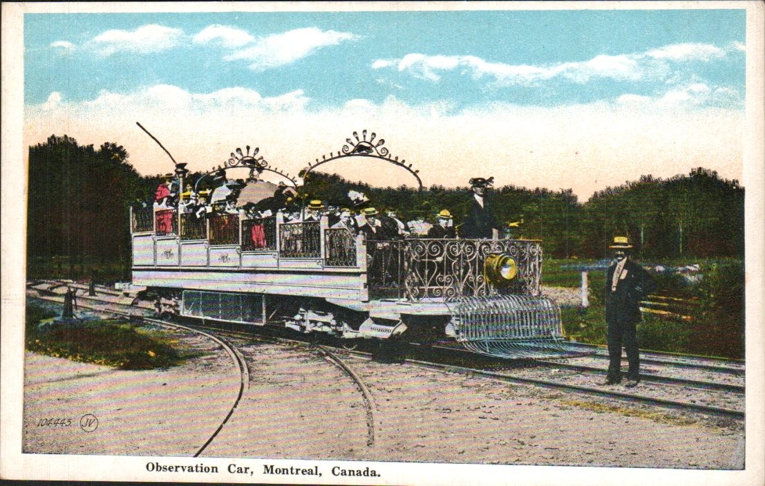 Montreal - Observation Car streetcar with tourists - Antique Postcard - c1915
