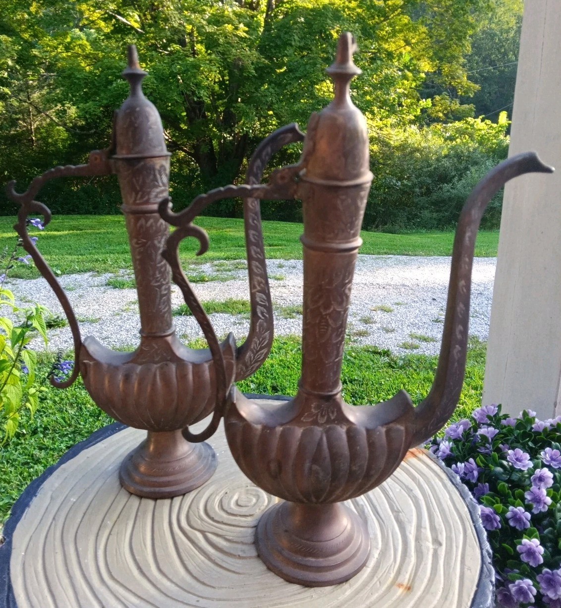 Lot Of 2 Vintage Antique Brass Metal Etched Engraved Tea Coffee Pot India 500