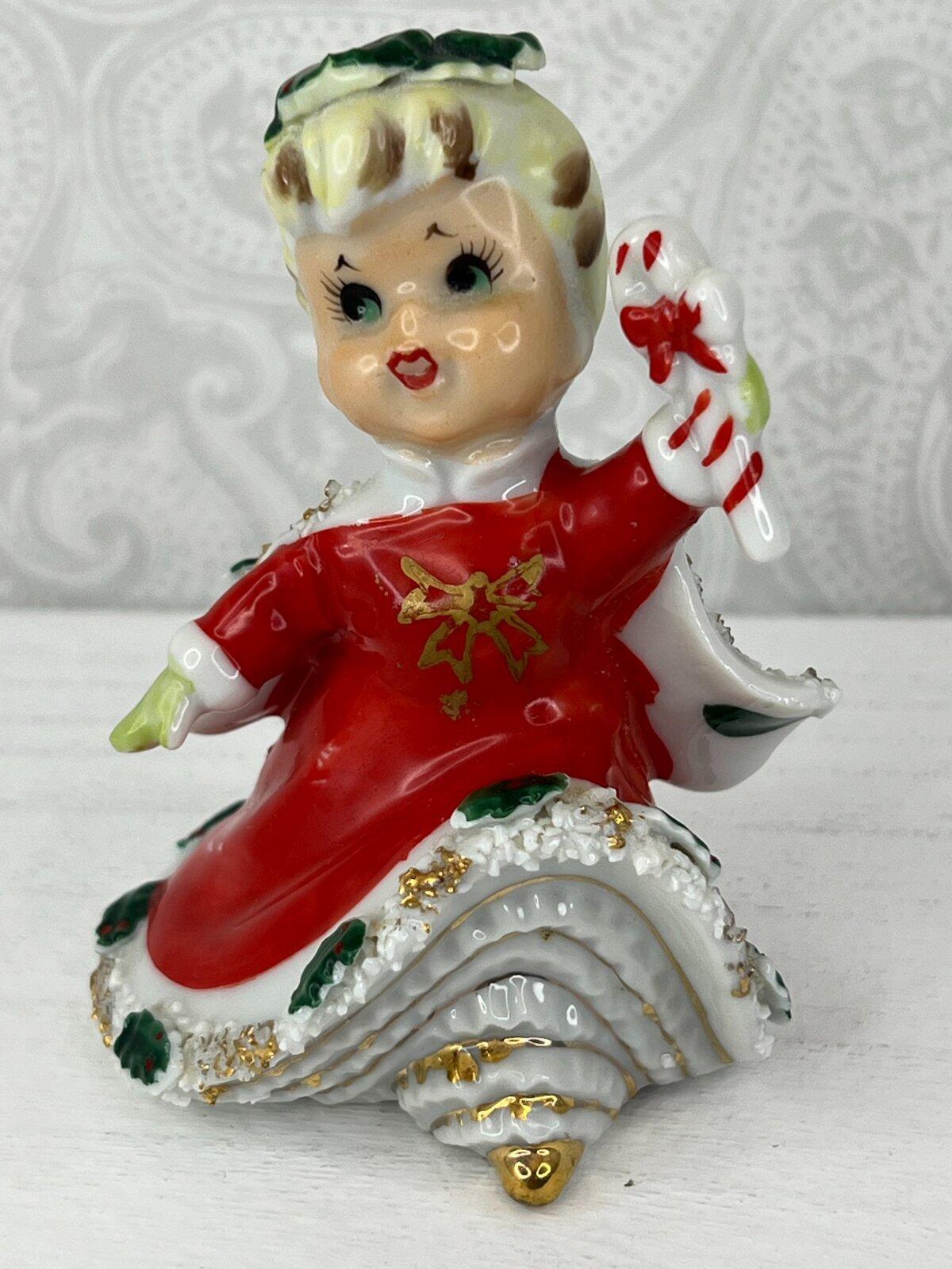 Rare Vintage Christmas Lefton Red Bloomer Girl Bell Figurine Holding Candy Cane