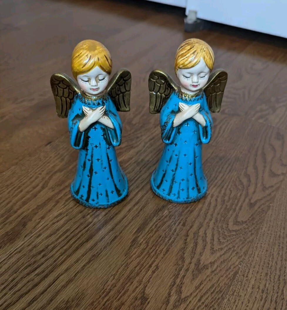 Angels 1970s Vintage Paper-mache in Blue Dress Gold Wings Made In Japan Holiday